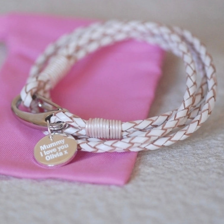 White leather Wristband with Engraved Pendant