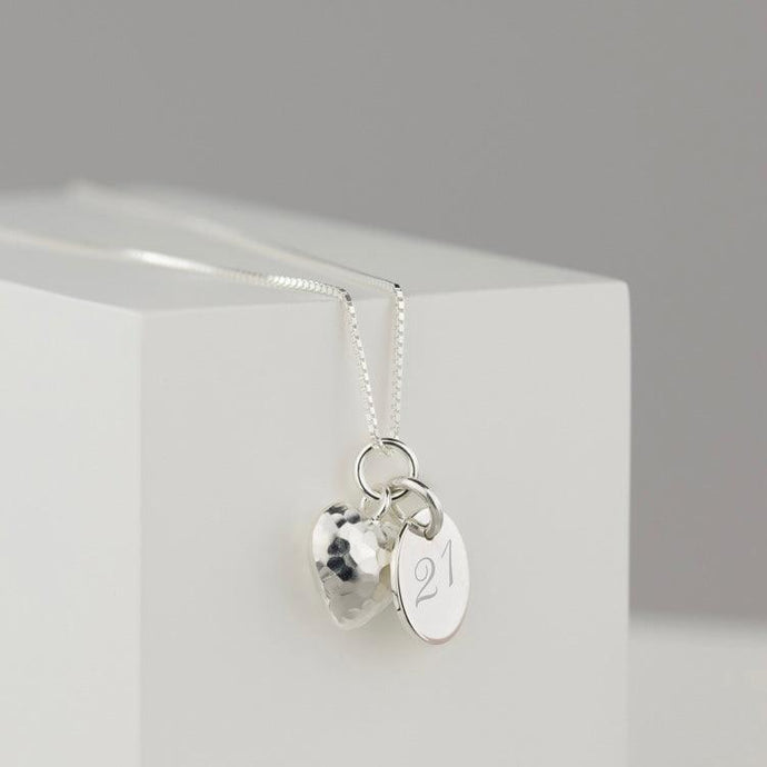 Silver Milestone Birthday Necklace on a silver box chain with a silver puffed heart and a pendant for 16th birthday, 18th Birthday, 21st Birthday - Silvary 