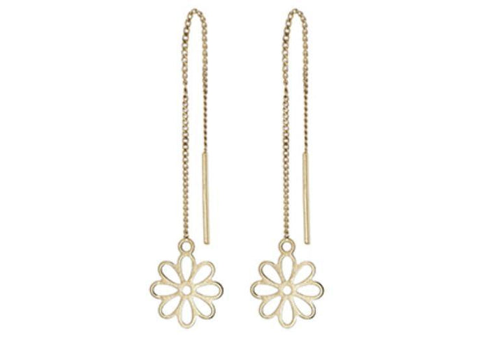 9ct Gold long threader chain earrings with daisy flower.  Silvary. 