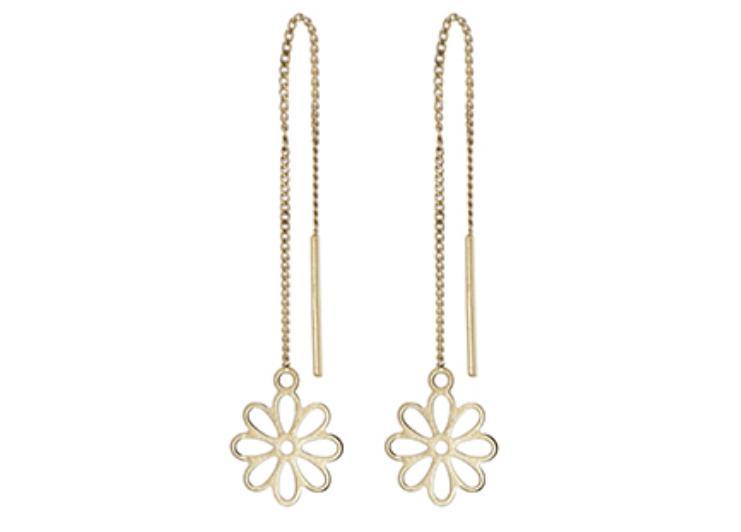 9ct Gold long threader chain earrings with daisy flower.  Silvary. 