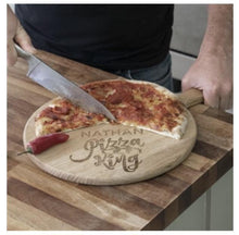 Load image into Gallery viewer, Pizza king personalised named wooden serving board ideal Father’s Day, Dads birthday, university student gift
