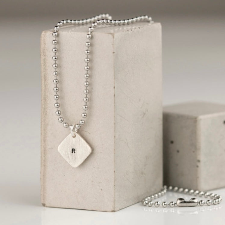 Dog Tag Hand Stamped Square Tag on Silver Ball Chain