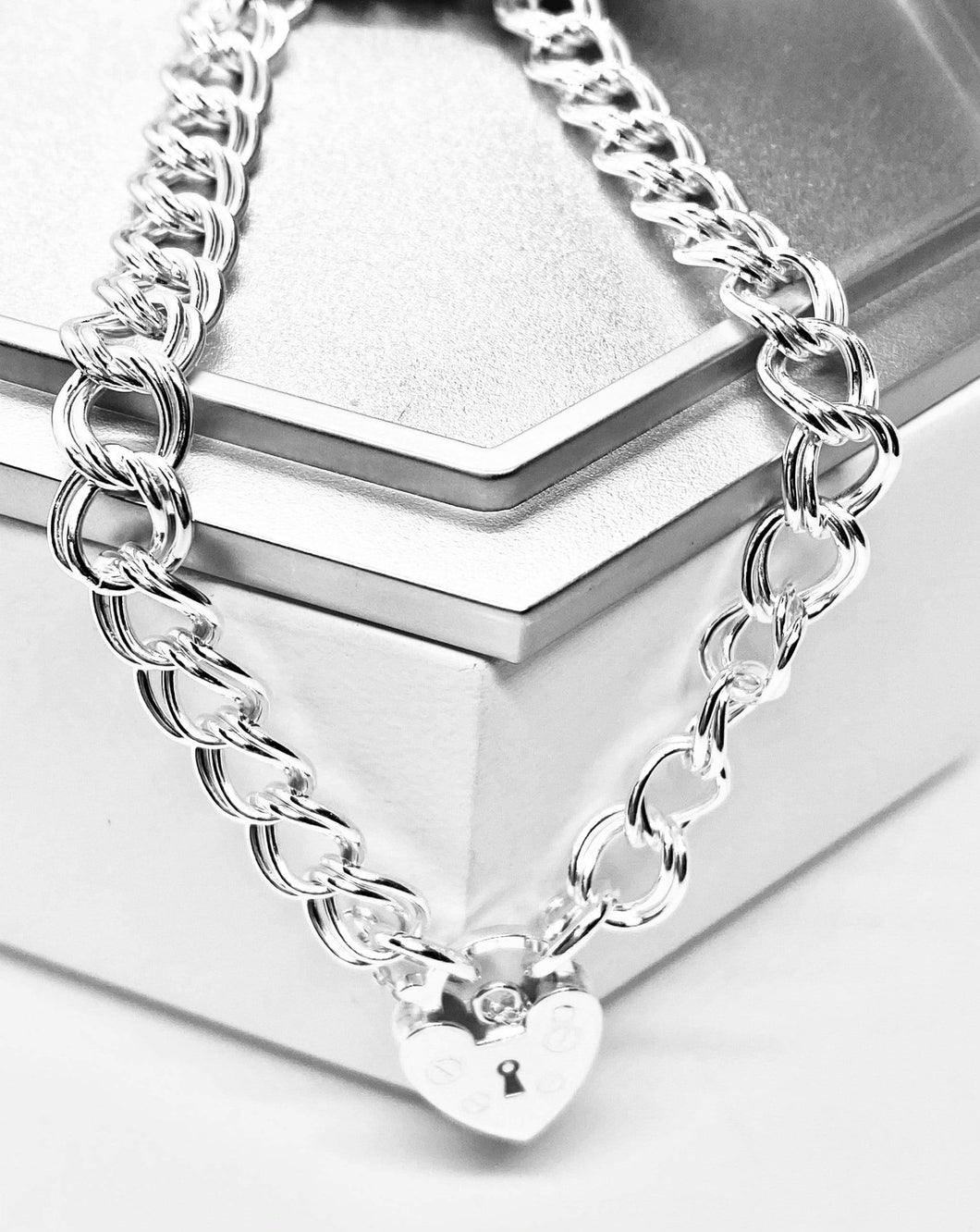HANDCRAFTED STERLING SILVER DOUBLE CURB PADLOCK BRACELET - 